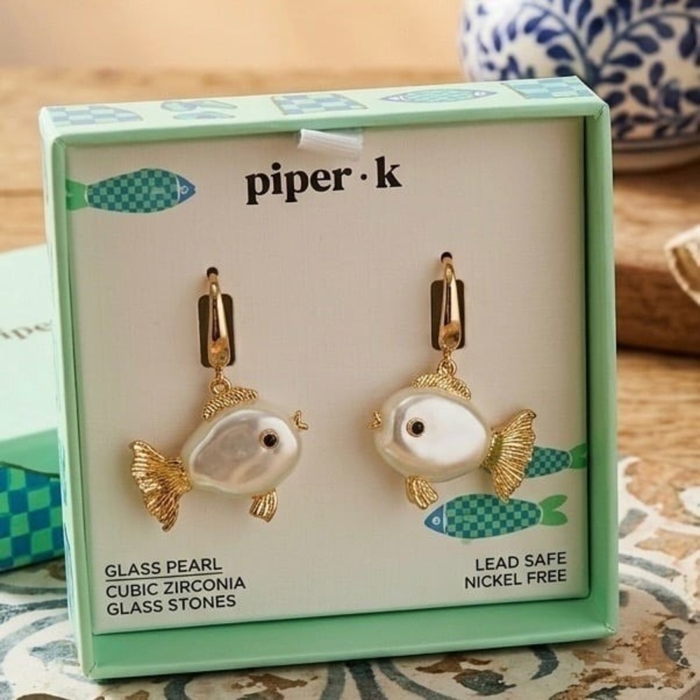 Piper K Glass Pearl Fish Drop Earrings Gold Tone Cubic Zirconia Nautical NIB
